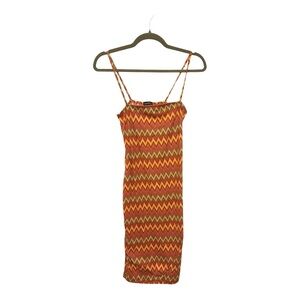 70s Retro Boho Orange Brown Chevron Slip Dress Bodycon Festival Style Size M